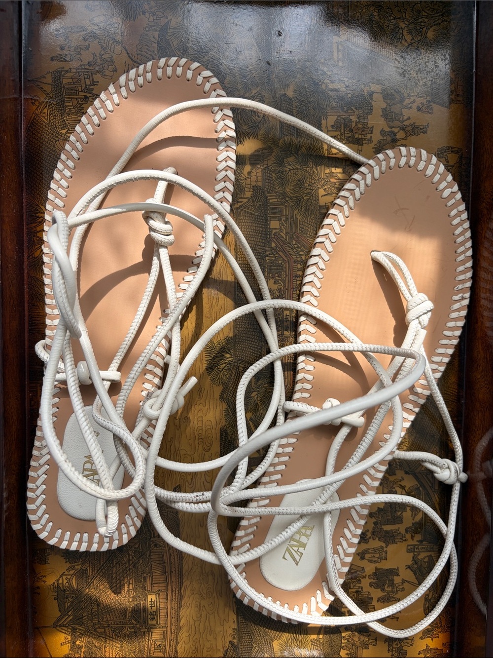 Zara White Lace-Up Leather Wrap Sandals